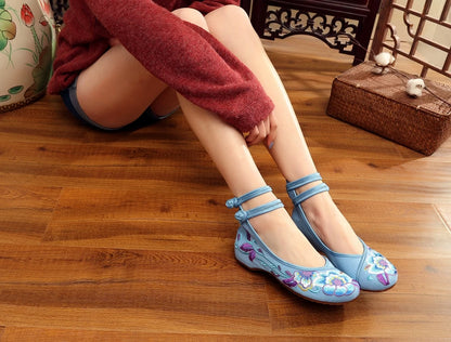 Veowalk Vintage Women Cotton Flower Embroidery Shoes Ladies Casual Chinese Style Comfortable Soft Canvas Dance Ballets Ballerina