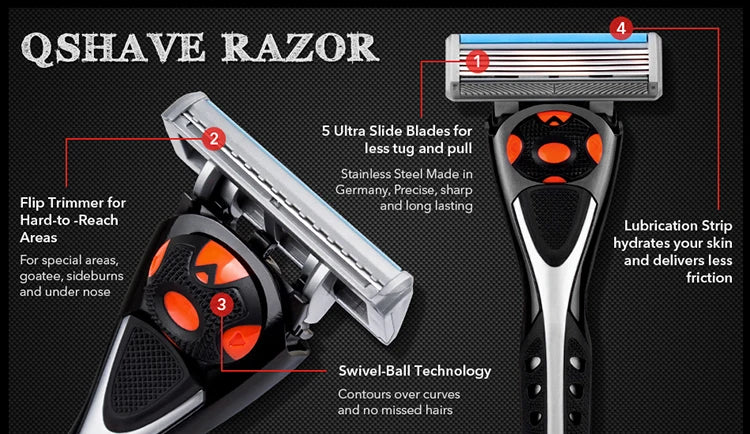 Qshave Black Spider Man Manual Shaving Razor Germany X5 Blade with Trimmer Blade, 4 & 8 &16 Cartridges Choice