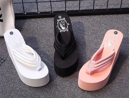 Women Fashion Summer Chunky Sole Wedges Heels Flip Flops Casual Shoes New Arrival Waterproof Taiwan Slippers Sexy Lady Sandals