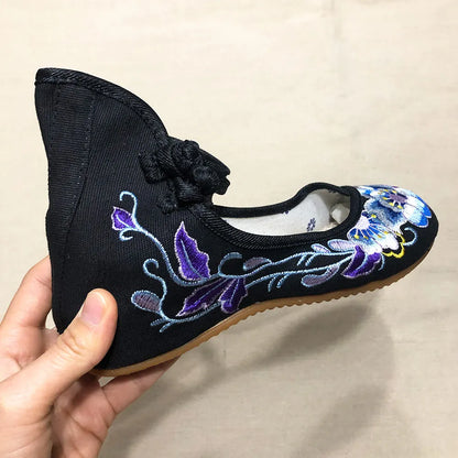 Veowalk Vintage Women Cotton Flower Embroidery Shoes Ladies Casual Chinese Style Comfortable Soft Canvas Dance Ballets Ballerina