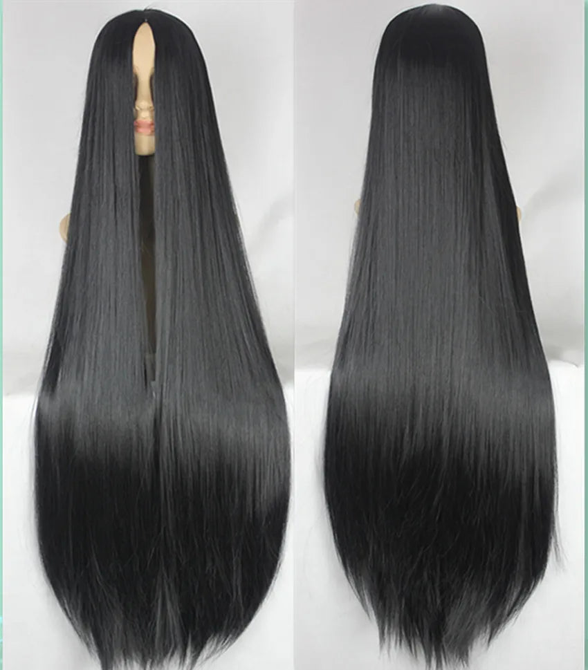 Fei-Show Black Wig 100CM/40 Inches Synthetic Heat Resistant Fiber Long Halloween Carnival Costume Cos-play Straight Hair
