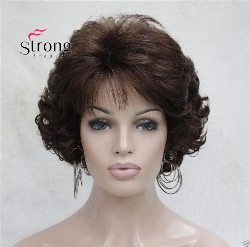 Short Curly Dark Auburn Synthetic Hair Full wig Women's Thick Wigs For Everyday