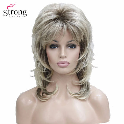 Lady Women Blonde With Dark Root Medium Length Cascaded Layers Synthetic Hair Full Wig for women