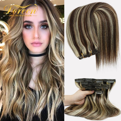 Doreen Full Head Brazilian Machine Remy Clip in Hair Extensions Human Hair 100% Real Natural Hairpiece Clips On 120G 14 To 22