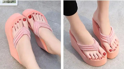Women Fashion Summer Chunky Sole Wedges Heels Flip Flops Casual Shoes New Arrival Waterproof Taiwan Slippers Sexy Lady Sandals