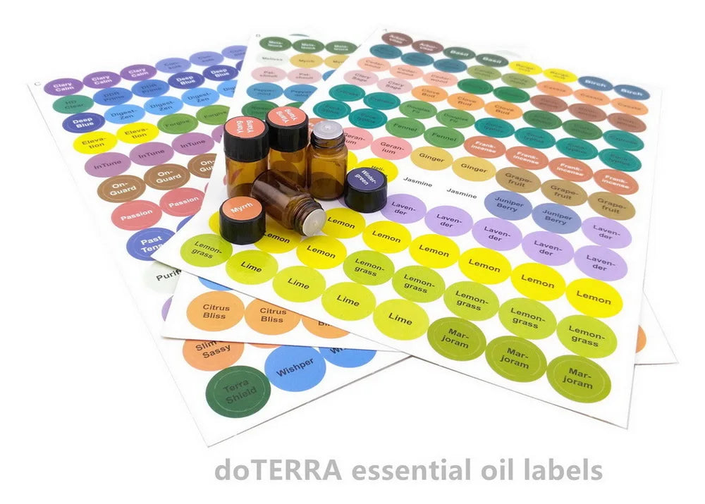 1set Pre-Printed Essential Oil Bottles Cap Lid Labels Round Circle Stickers Colorful For ALL doTERRA Young Living Oils Organizer