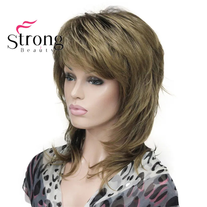 Lady Women Blonde With Dark Root Medium Length Cascaded Layers Synthetic Hair Full Wig for women