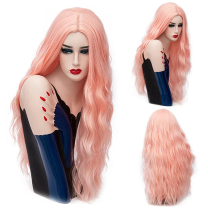 MSIWIGS 70CM Long Pink Wavy Wigs Cosplay Lolita Synthetic Women' s Blonde Wig 29 Colors Heat Resistant Hair
