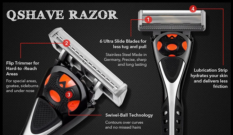 Qshave Black Spider New 6 Blade Razor Shaver for Man (1pc Handle, 2pc Germany X6 Blade)