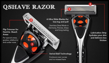Qshave Black Spider New 6 Blade Razor Shaver for Man (1pc Handle, 2pc Germany X6 Blade)
