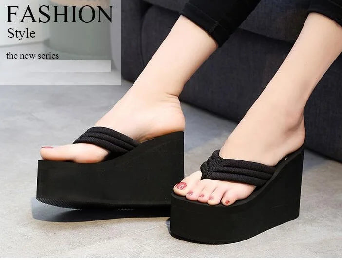Women Fashion Summer Chunky Sole Wedges Heels Flip Flops Casual Shoes New Arrival Waterproof Taiwan Slippers Sexy Lady Sandals