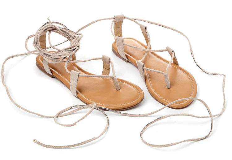 Eilyken Summer Roman Sandals Cross-Strap Tall Knee High Bondage Thong Flat Women Sandals Flip Flops Black Apricot