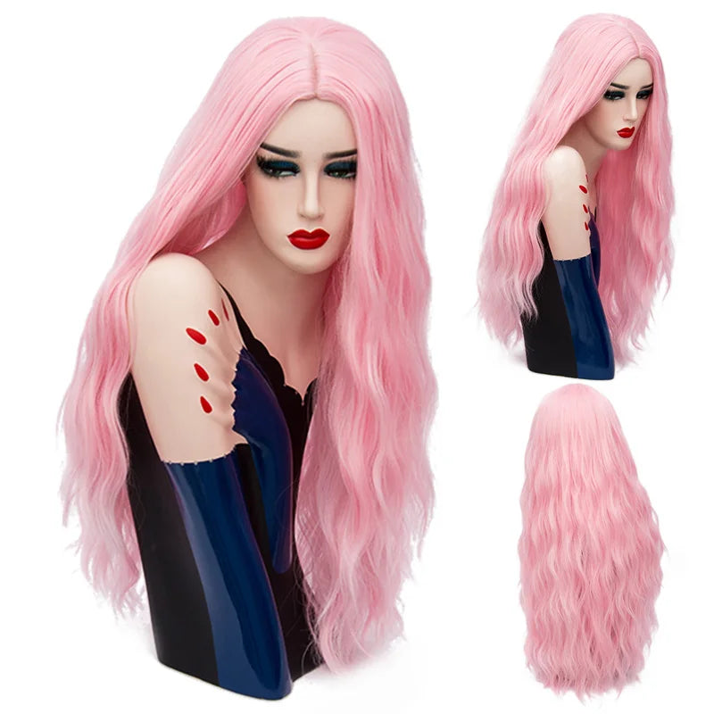 MSIWIGS 70CM Long Pink Wavy Wigs Cosplay Lolita Synthetic Women' s Blonde Wig 29 Colors Heat Resistant Hair