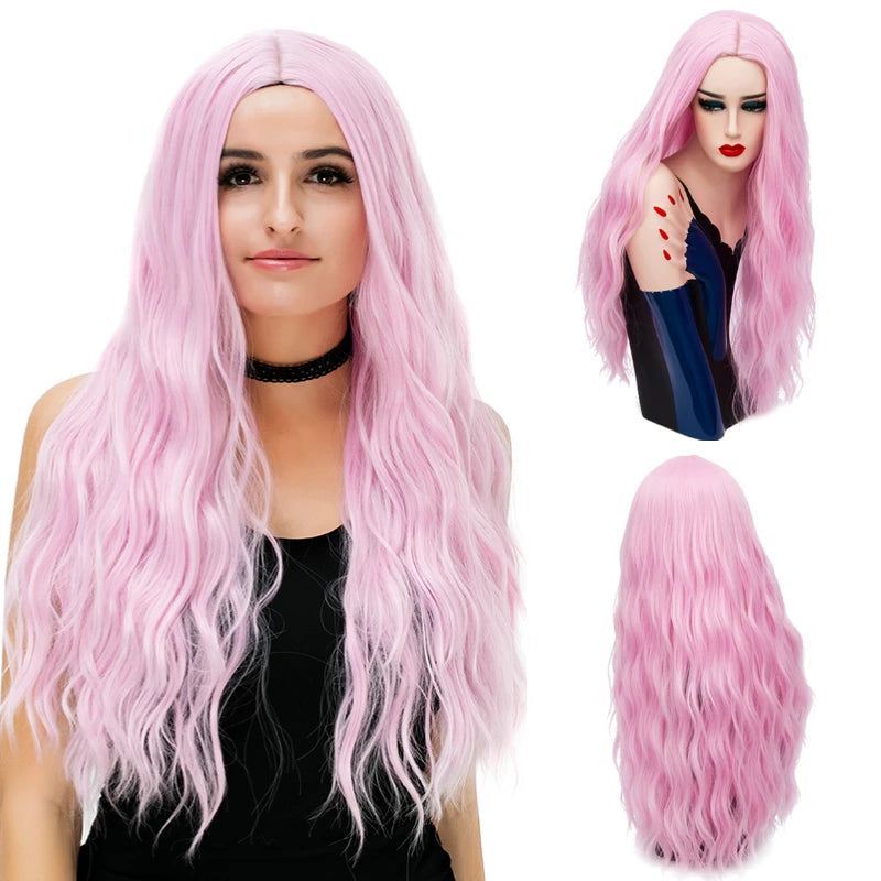 MSIWIGS 70CM Long Pink Wavy Wigs Cosplay Lolita Synthetic Women' s Blonde Wig 29 Colors Heat Resistant Hair