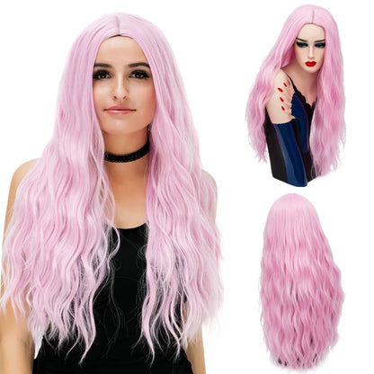MSIWIGS 70CM Long Pink Wavy Wigs Cosplay Lolita Synthetic Women' s Blonde Wig 29 Colors Heat Resistant Hair