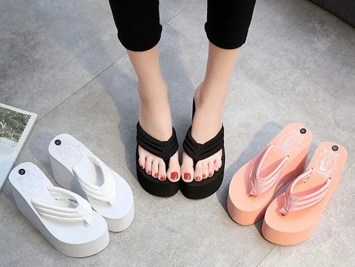 Women Fashion Summer Chunky Sole Wedges Heels Flip Flops Casual Shoes New Arrival Waterproof Taiwan Slippers Sexy Lady Sandals