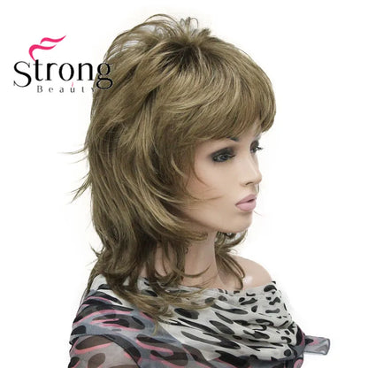 Lady Women Blonde With Dark Root Medium Length Cascaded Layers Synthetic Hair Full Wig for women