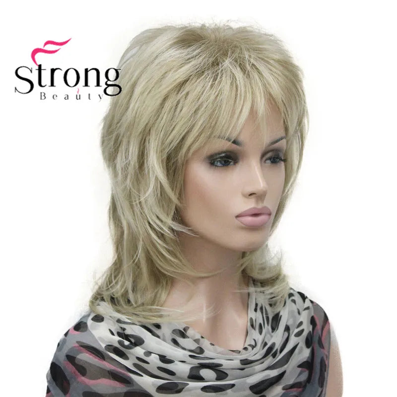 Lady Women Blonde With Dark Root Medium Length Cascaded Layers Synthetic Hair Full Wig for women