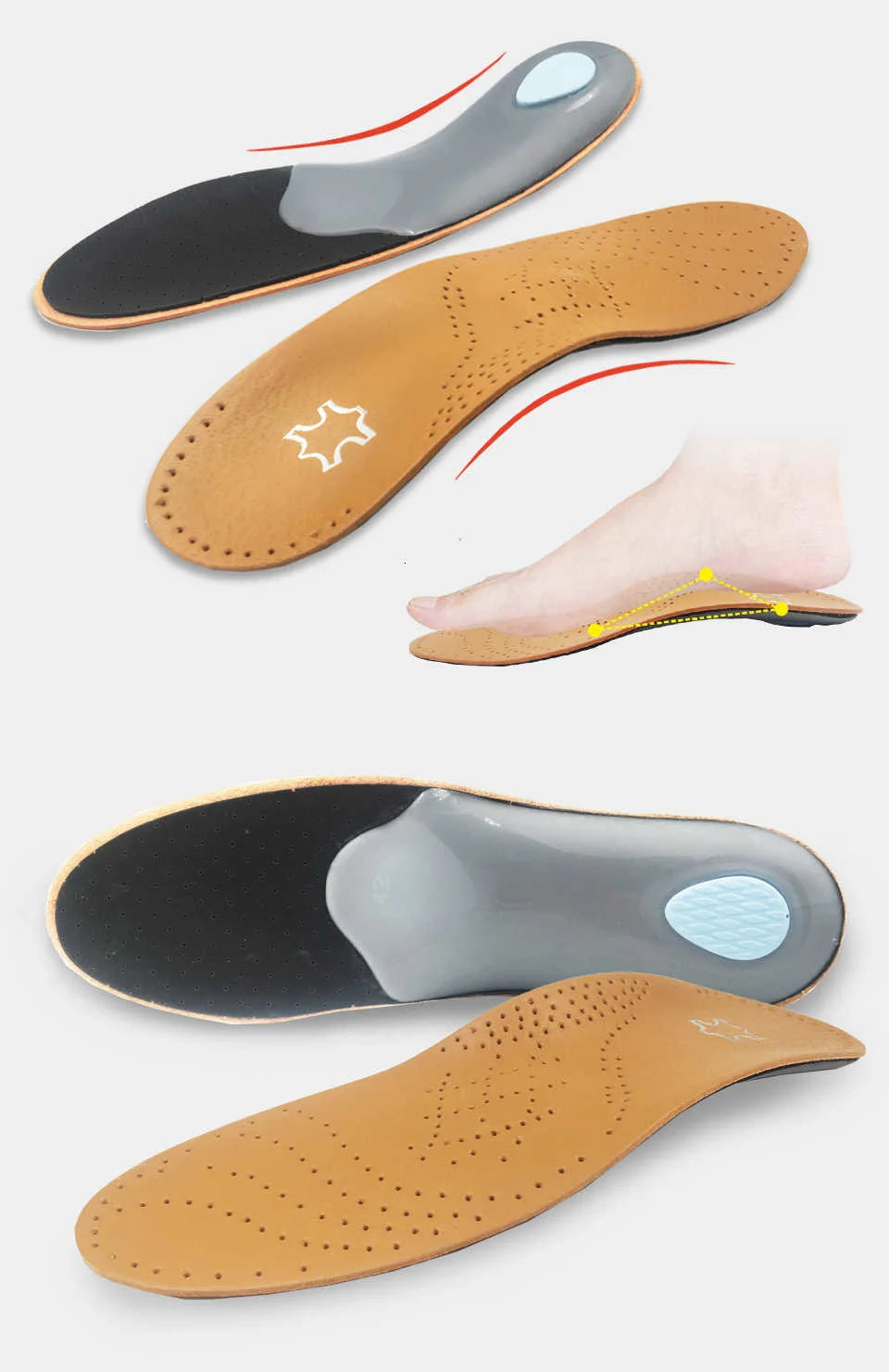 KOTLIKOFF High Quality Leather Orthotics Insole For Flat Foot Arch Support 25mm Orthopedic Silicone Insoles For Men And Women