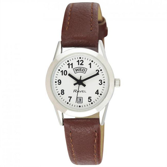 Ravel Womens Stainless Steel Day/Date Brown Faux Leather Strap Watch R0706.41.2