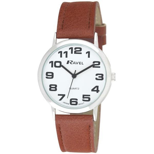 Ravel Mens Basic White Dial Brown Leather Strap Watch R0105.32.1A