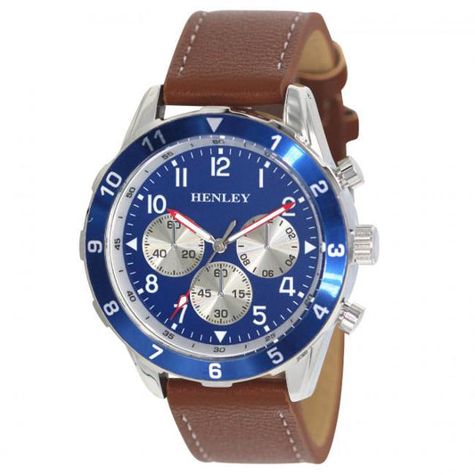 Henley Mens Multi Eye Classic Blue Dial With Brown Sports Leather Strap Watch H02213.6