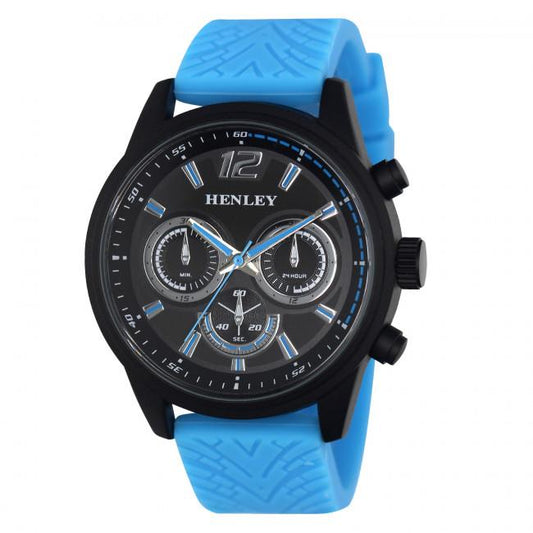 Henley Mens Multi Eye Black Dial With Blue Sports Large Silicone Strap Watch H02216.6