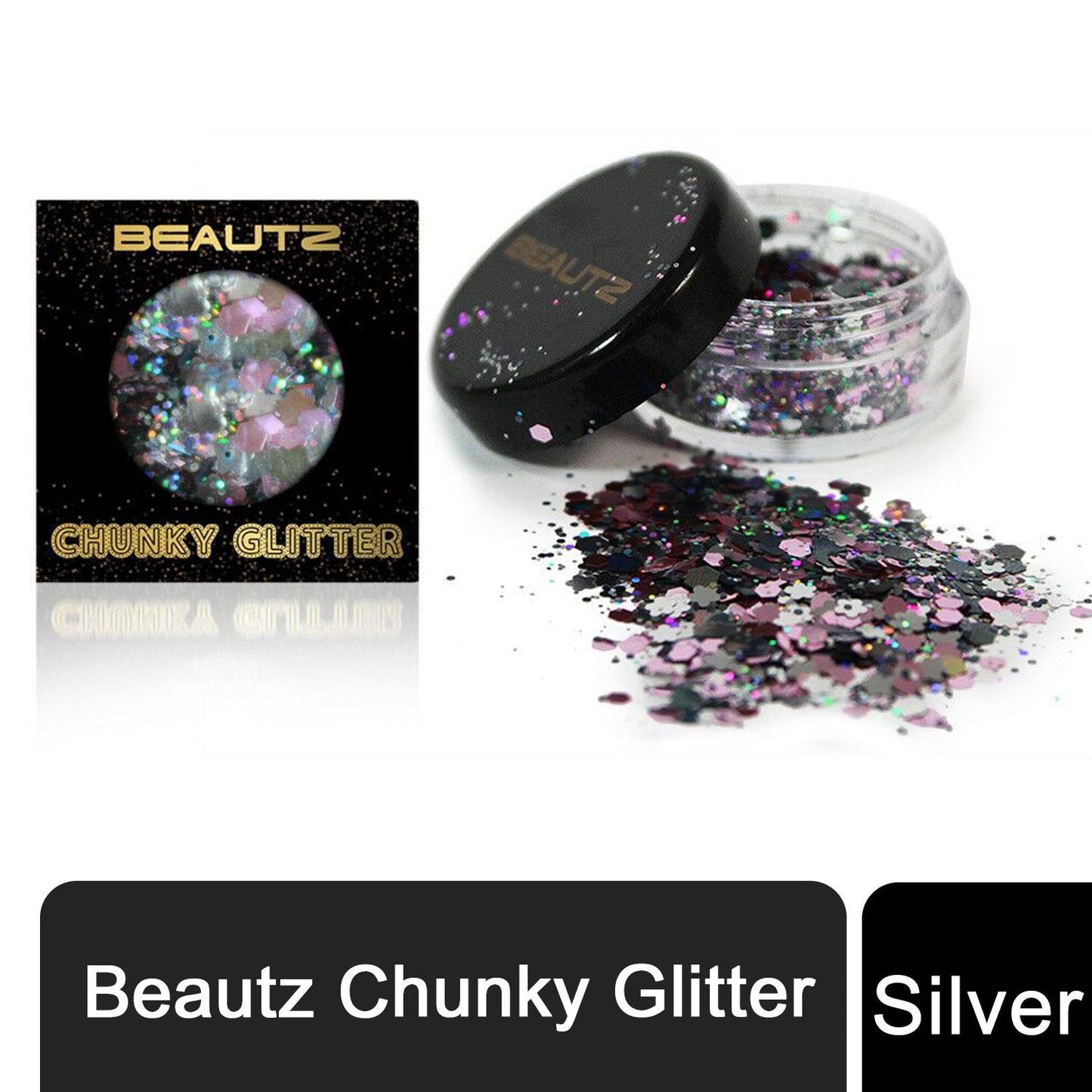 Beautz Chunky Glitter Available in 5 Varieties 10ml pot with 5g of Cosmetic Glit[Silver]