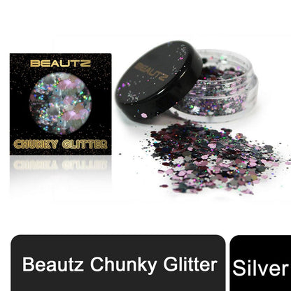 Beautz Chunky Glitter Available in 5 Varieties 10ml pot with 5g of Cosmetic Glit[Silver]