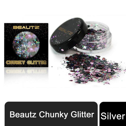 Beautz Chunky Glitter Available in 5 Varieties 10ml pot with 5g of Cosmetic Glit[Silver]