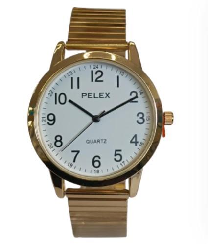 Pelex Mens Big number Gold Case White Dial Gold Bracelet Strap Quartz Watch