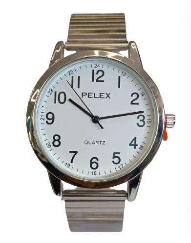 Pelex Mens Big number Silver Case White Dial Silver Bracelet Strap Quartz Watch