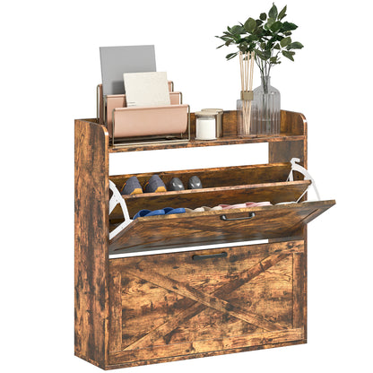 HOMCOM Narrow Shoe Cabinet Farmhouse Slim Shoe Storage Cabinet Rustic Brown