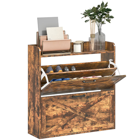 HOMCOM Narrow Shoe Cabinet Farmhouse Slim Shoe Storage Cabinet Rustic Brown