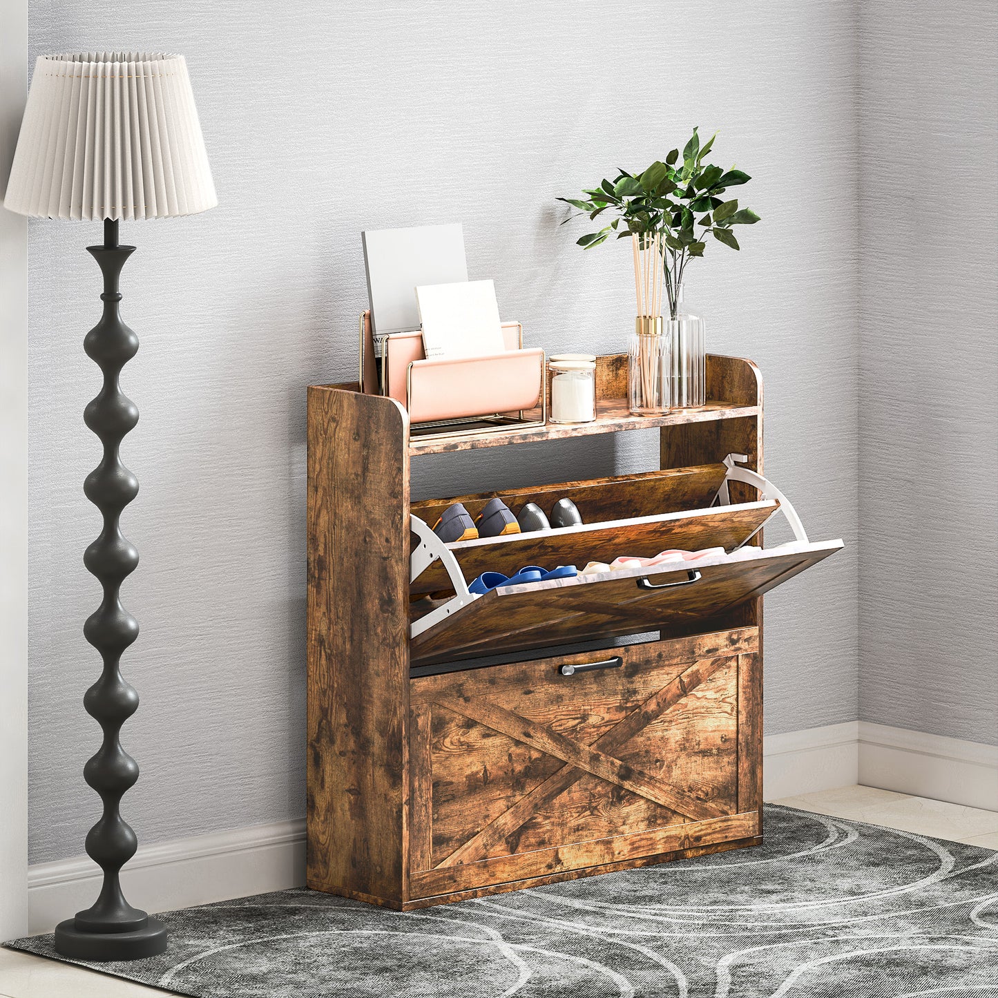 HOMCOM Narrow Shoe Cabinet Farmhouse Slim Shoe Storage Cabinet Rustic Brown