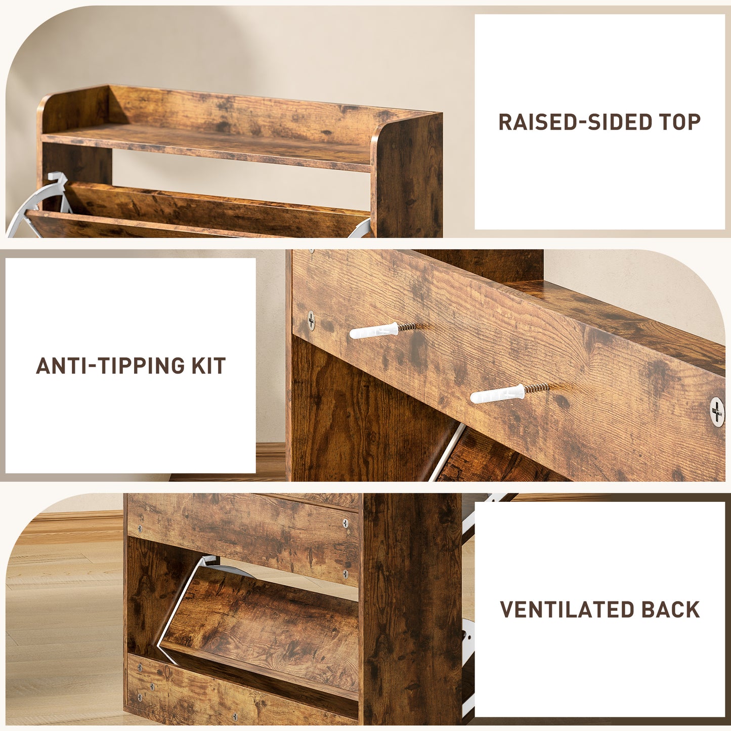 HOMCOM Narrow Shoe Cabinet Farmhouse Slim Shoe Storage Cabinet Rustic Brown