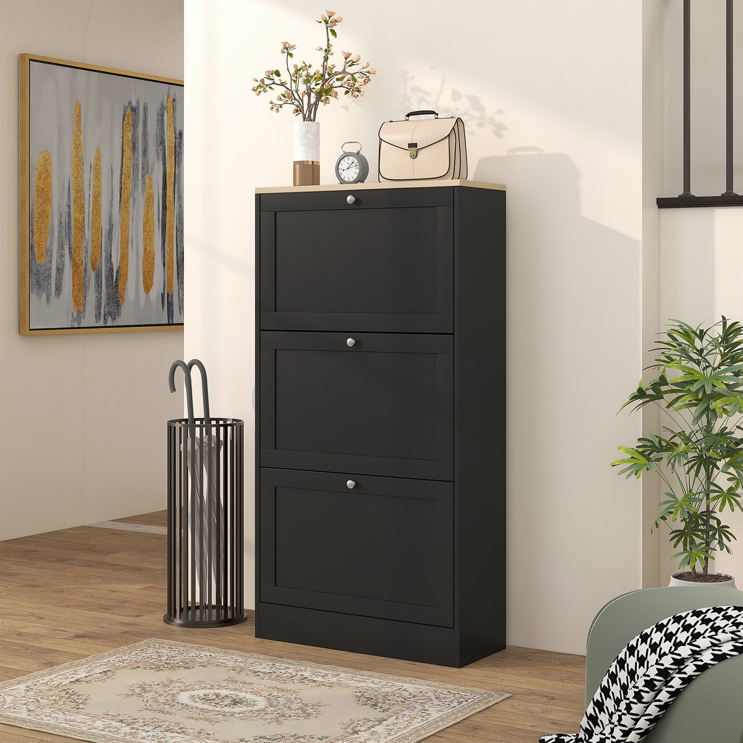 HOMCOM Narrow Shoe Cabinet with 3 Flip Drawers for 18 Pairs of Shoes Black