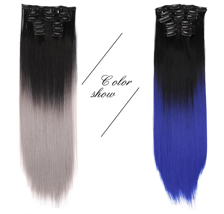 Alileader Synthetic Clip On Hair Extension 6Pcs/Set 22inch Straight Hairpiece Curly 16 Clips In Hair Ombre Heat Resistant Fiber