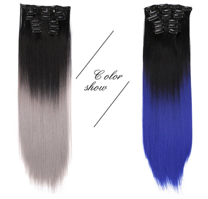 Alileader Synthetic Clip On Hair Extension 6Pcs/Set 22inch Straight Hairpiece Curly 16 Clips In Hair Ombre Heat Resistant Fiber