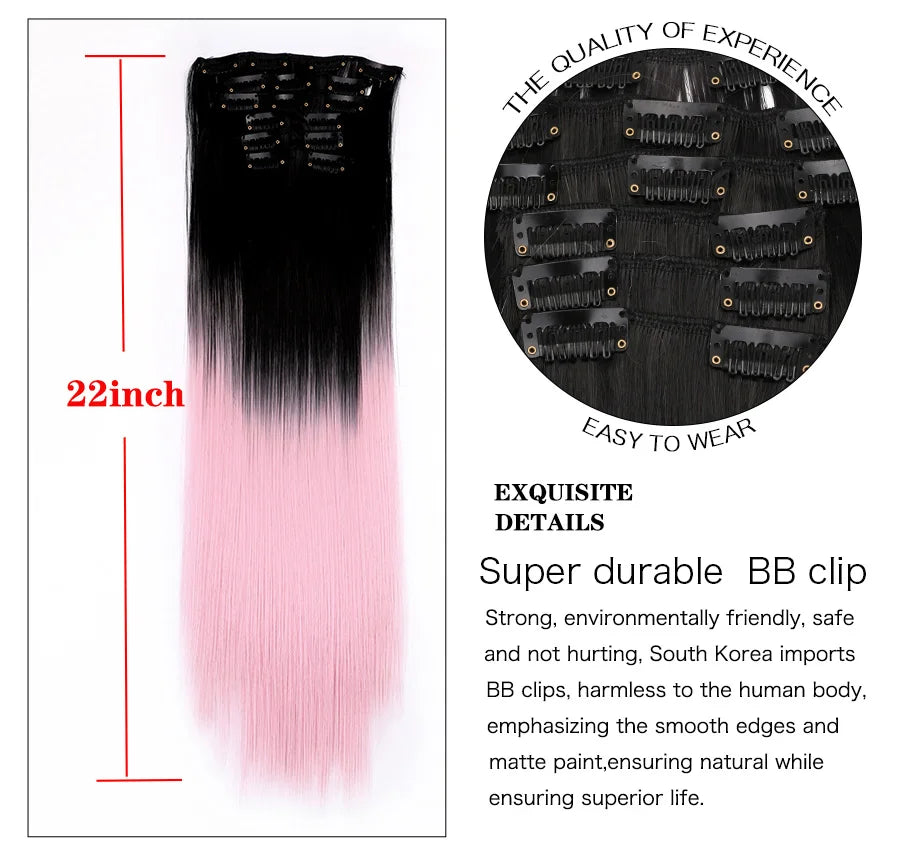 Alileader Synthetic Clip On Hair Extension 6Pcs/Set 22inch Straight Hairpiece Curly 16 Clips In Hair Ombre Heat Resistant Fiber