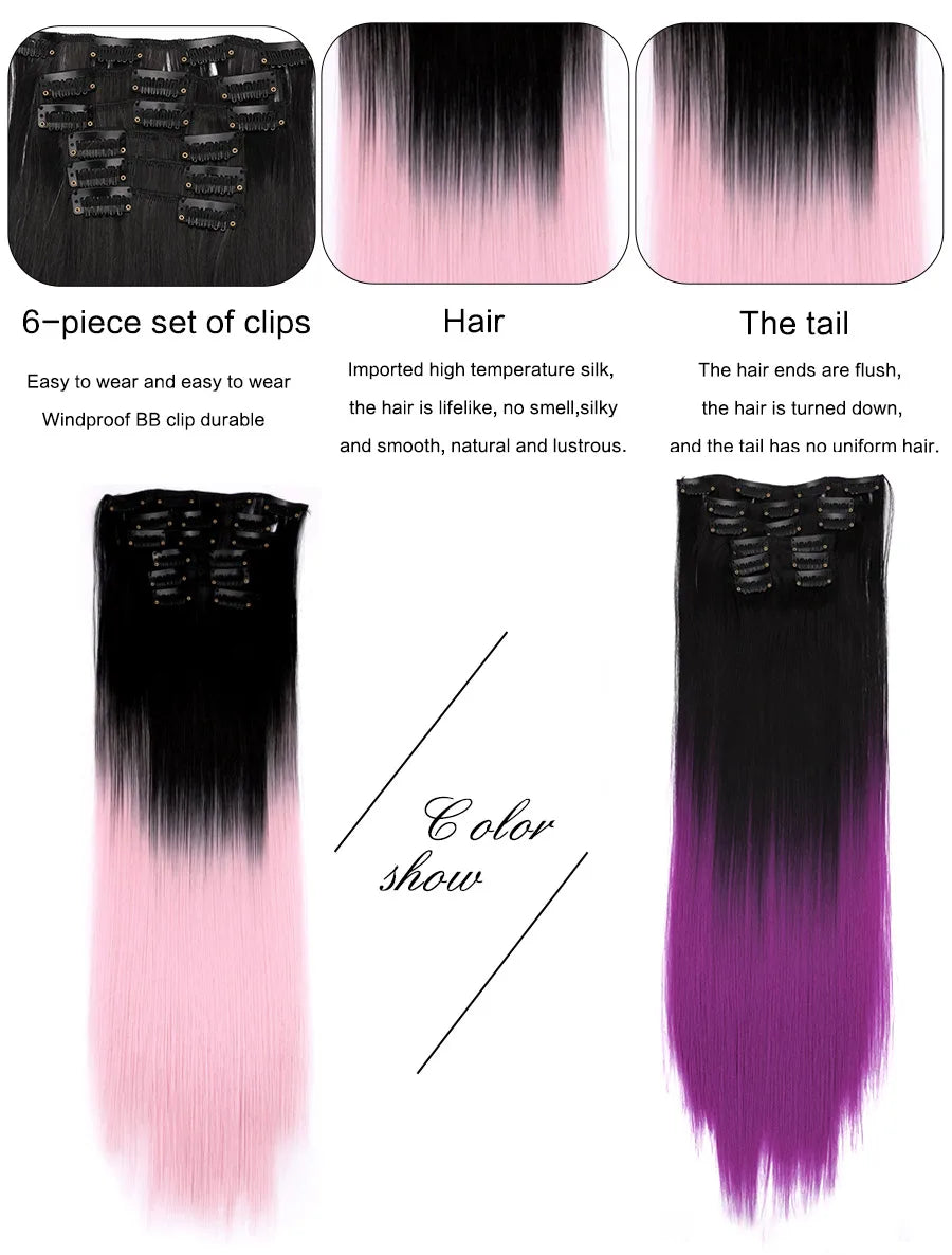 Alileader Synthetic Clip On Hair Extension 6Pcs/Set 22inch Straight Hairpiece Curly 16 Clips In Hair Ombre Heat Resistant Fiber