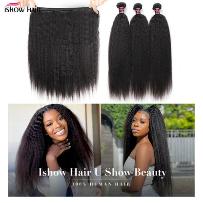 Ishow Kinky Straight Bundles Brazilian Yaki Straight Hair Bundles For Women 1/3/4pcs Human Hair Bundles Remy Hair Extension