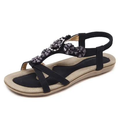 TIMETANGComfortable Flat Heel Sandals Women Large Size Summer Shoes Woman Bohemia Flowers Rhinestone Beach Ladies Shoes