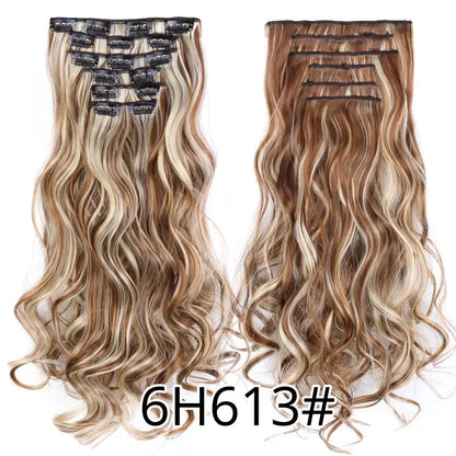 Alileader Synthetic Clip On Hair Extension 6Pcs/Set 22inch Straight Hairpiece Curly 16 Clips In Hair Ombre Heat Resistant Fiber