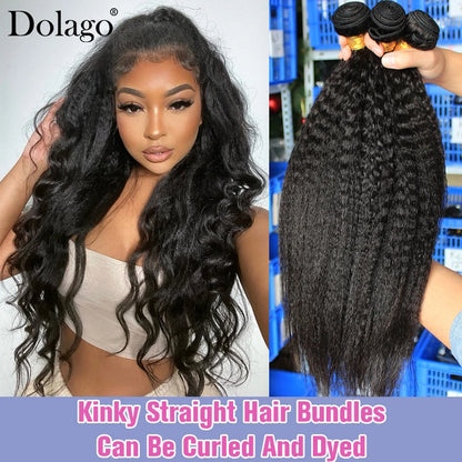 Kinky Straight Bundles Weave Coarse Yaki Straight Weaving Raw Indian Human Hair Bundles With Closure Hair Extensions For Women