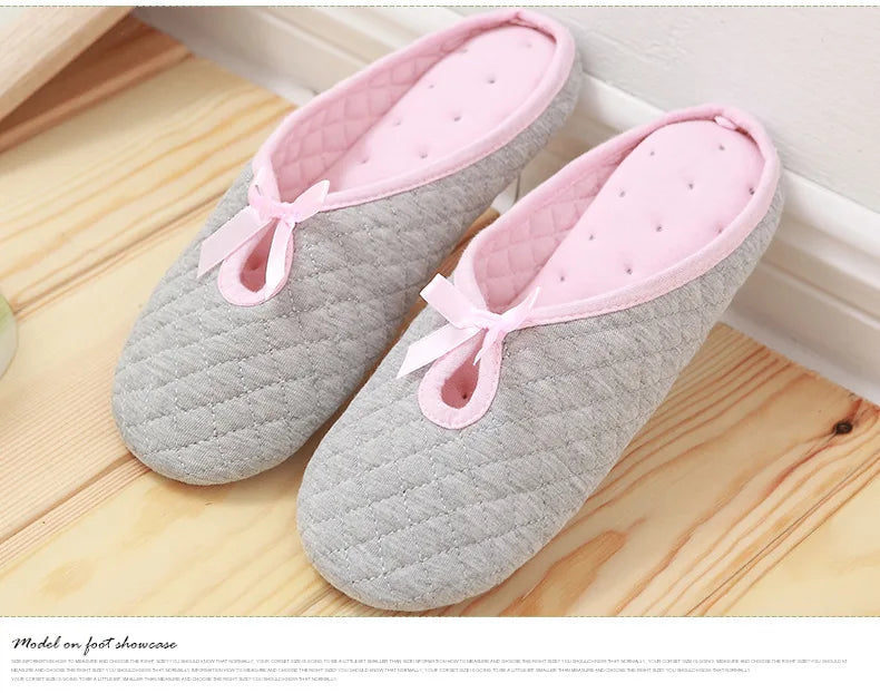 Lovely Bowtie Winter Women Home Slippers For Indoor Bedroom House Soft Bottom Cotton Warm Shoes Adult Guests Flats