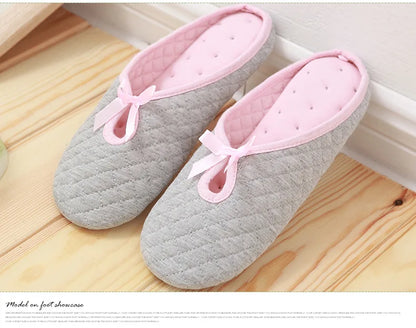 Lovely Bowtie Winter Women Home Slippers For Indoor Bedroom House Soft Bottom Cotton Warm Shoes Adult Guests Flats