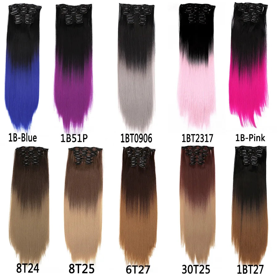 Alileader Synthetic Clip On Hair Extension 6Pcs/Set 22inch Straight Hairpiece Curly 16 Clips In Hair Ombre Heat Resistant Fiber