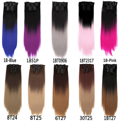 Alileader Synthetic Clip On Hair Extension 6Pcs/Set 22inch Straight Hairpiece Curly 16 Clips In Hair Ombre Heat Resistant Fiber