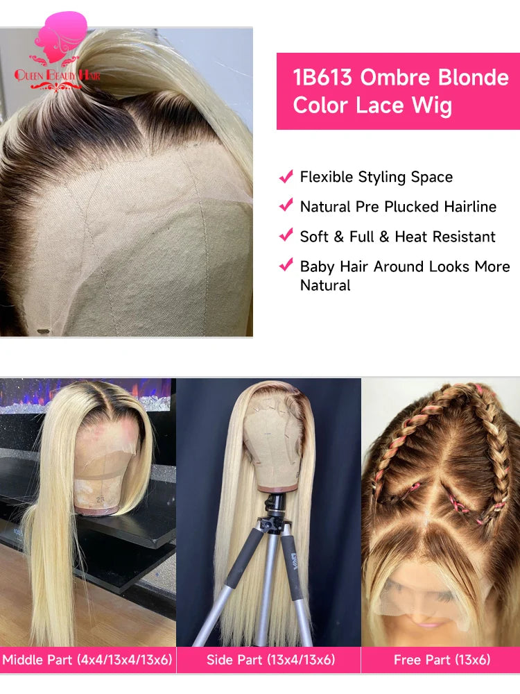 13x6 Lace Frontal Wig 1B 613 Ombre Blonde Full Lace Human Hair Wig Dark Roots Pre Plucked  Lace Front Human Hair Wigs for Women